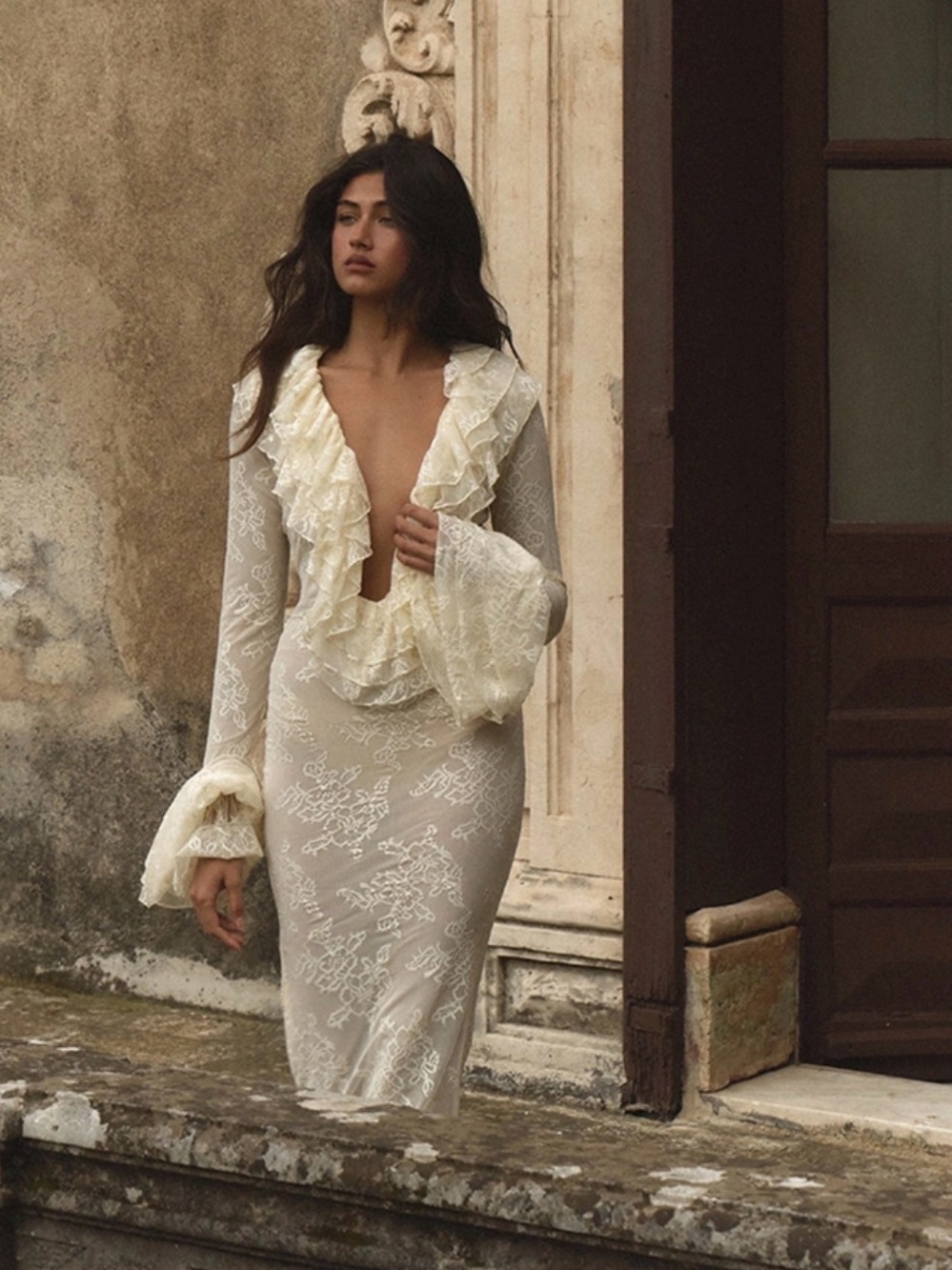 PrettyLittleThing Ivory Lace Long Sleeve Ruffle Plunge Dress